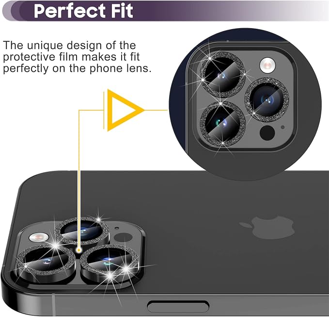 Suoman for iPhone 14 Pro Max / 14 Pro Camera Lens Protector [Diamonds Bling] 9H Tempered Glass Full Coverage Metal Protective Cover - Diamond Black