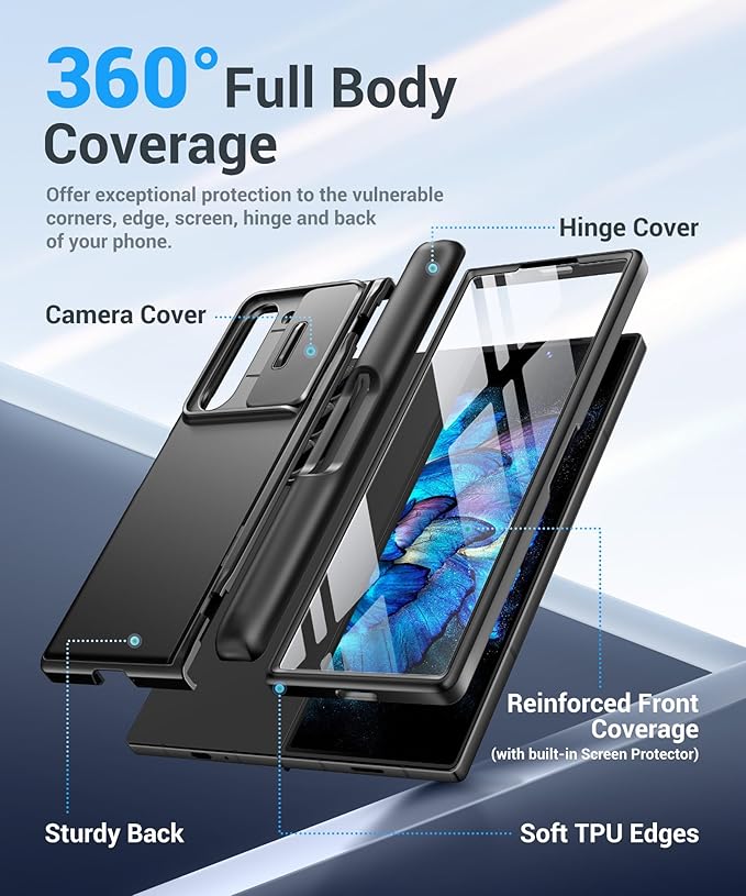 BERFY for Z Fold 7 Case with 9H Tempered Screen Protector, Military Grade Hidden Kickstand & Slide Camera Cover, Full Body Shockproof Slim Hard Phone Case for Samsung Galaxy Z Fold 7, Black