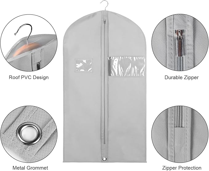 Syeeiex 40" Suit Bag, Set of 5 Garment Bag, Garment Bags for Hanging Clothes, Suit Bags for Closet Storage, Waterproof and Dustproof, Best for Suits, Shirts, T-shirts and Jackets on Closet(Grey)