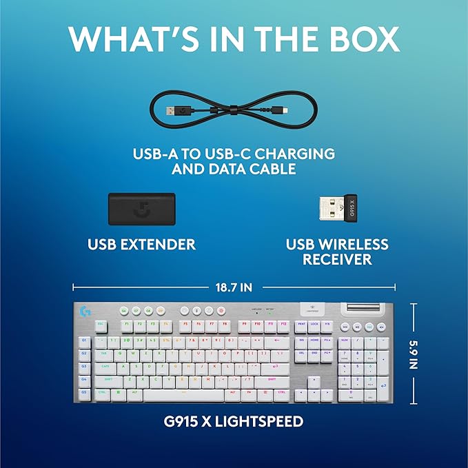 Logitech G915 X Lightspeed Low-Profile Wireless Gaming Keyboard, Double-Shot PBT Keycaps, Fully Programmable Keys, RGB Backlighting, Sleek Aluminum Finishing, GL Brown Tactile Switches-PC/Mac - White