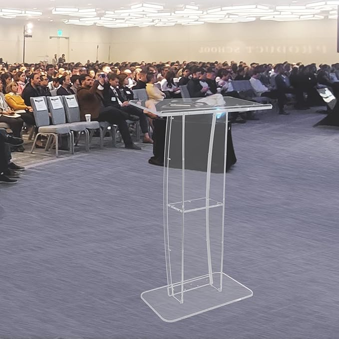 VEVOR Acrylic Podium, 47" Clear Acrylic Podium Stand with Wide Reading Surface & Storage Shelf, Floor-Standing Clear Pulpits Acrylic for Church Office School