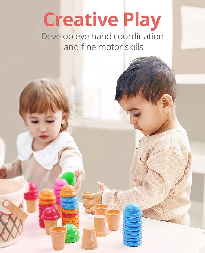 JoyCat Ice Cream Preschool Learning Activities Counting and Color Sorting Set Stacking Toys for Kids 3-5, Educational Fine Motor Skills Toys, 65PCS Math Manipulatives, Easter Basket Stuffers