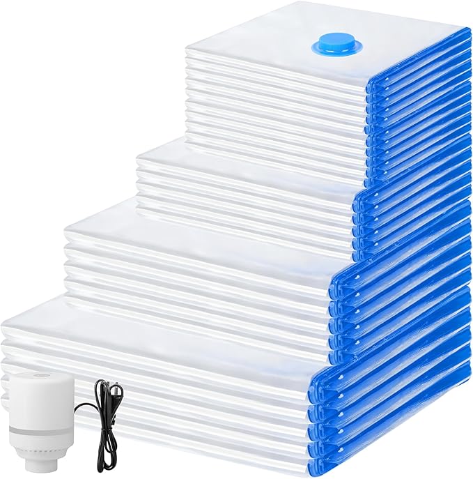 25 Pack Vacuum Storage Bags with Electric Pump, Compression Space Saver Vacuum Seal Bags 5 Jumbo/5 Large/5 Medium/5 Small/5 Roll Up Bags for Clothing Travel Comforters Blankets Pillows Bedding Duvets