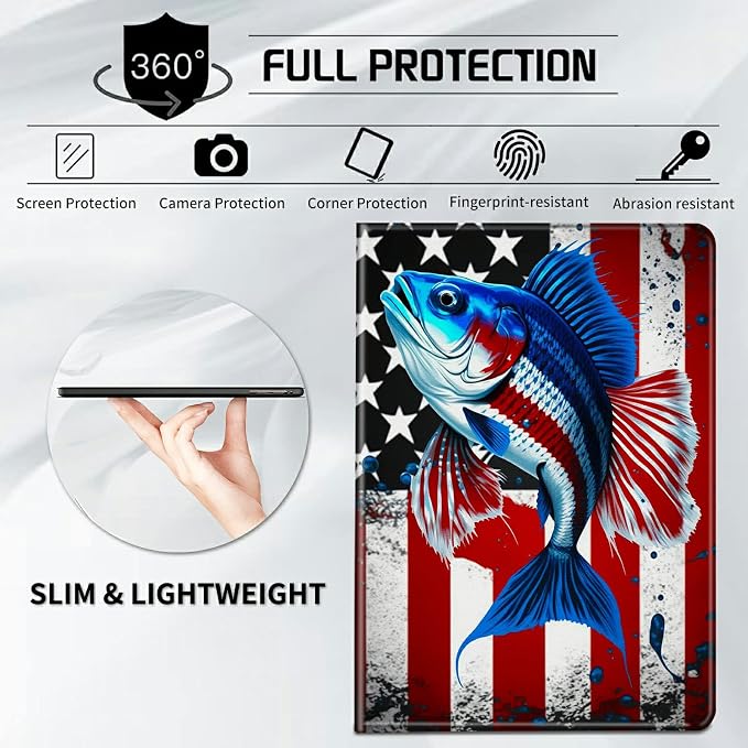 Case for Samsung Galaxy Tab A9 Plus 2023/A11 Plus 2025 11 inch Lightweight Protective PU Leather Smart Stand Cover with Auto Wake Sleep Tablet Case Cover - American Flag &amp Fish
