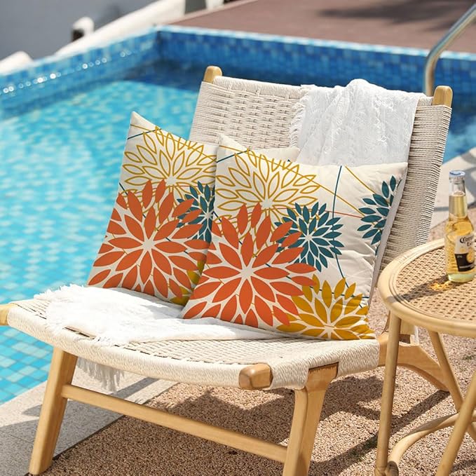 Orange and Yellow Floral Pillow Covers 20x20 Set of 2 Fall Outdoor Waterproof Decorative Throw Pillows Summer Pillowcovers Polyester Cushion Case Decor for Couch Patio Funiture Garden Porch 01Q20