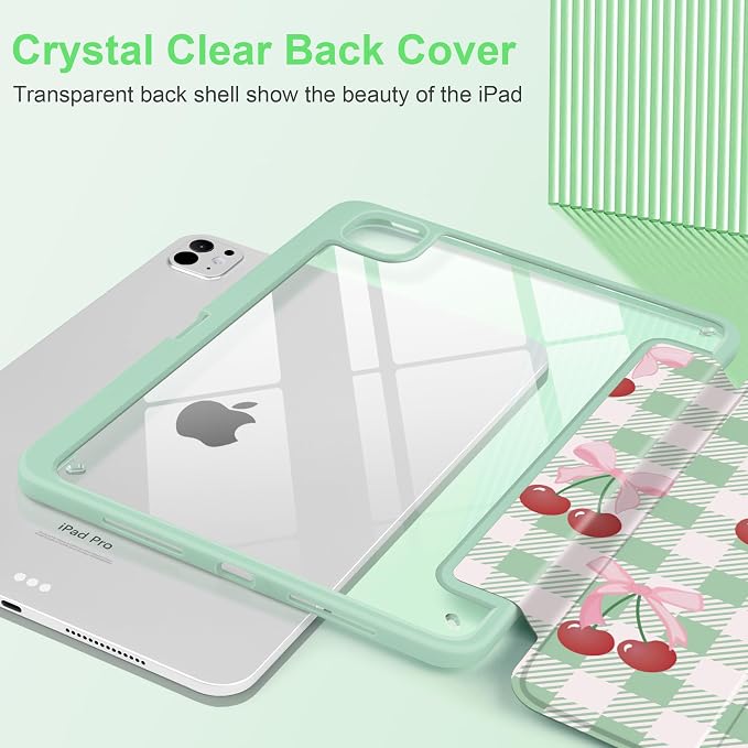 DONGKE for iPad Pro 11-Inch Case (M5 2025 / M4 2024) 6th/5th Generation [Auto Sleep/Wake &amp Pencil Pro Holder] Clear Acrylic Back Smart Trifold Stand Cover Bear &amp Cherry