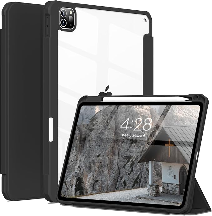 Clear Case for iPad Pro 12.9 inch 6th/5th/4th/3rd Gen 2022/2021/2020/2018 with Pencil Holder Lightweight Shockproof Trifold Stand Transparent Acrylic Back Cover Auto Wake/Sleep Black
