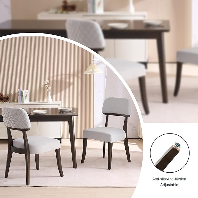 Modern Wood Dining Chairs Set of 2, Velvet Upholstered Kitchen Chairs with Open Curved Backrest & Black Hardwood Legs for Vanity, Living Room, 350 LBS Capacity, Grey