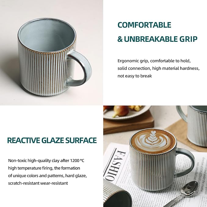 MONITO 16Oz Coffee Mugs Set of 4, Rustic Ceramic Coffee Cups Set with Large Handle, Vintage Striped Stoneware Coffee Mugs for Latte, Cocoa, Tea, Milk, Microwave & Dishwasher Safe, Smoky Blue