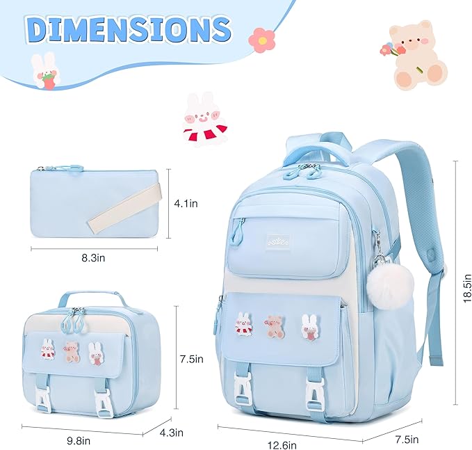 3PCS Girls Backpack for School, Kids Backpack for Girls with Lunch Box Pencil Case Set for Teen Girl Elementary Primary Middle High College School Bookbag with Cute Pins (Blue)