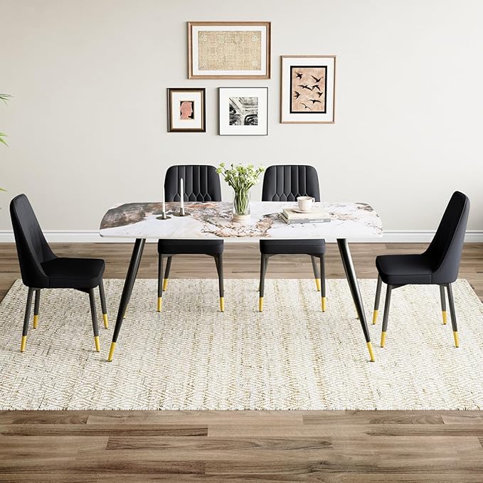 Modern Dining Table Set for 4, 62'' Sintered Stone Table, 4 Chairs, Easy to Assemble