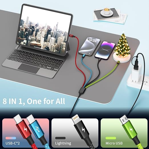 4 in 1 Multi Charging Cable 2 Pack 6FT Charging Cords for Devices | Nylon Braided USB C Car Charger Cable with Dual USB-C IP &amp Micro Ports Long Travel Charging Cord for Cars