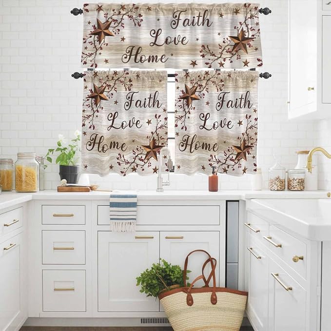Kitchen Curtains Tiers and Valance Set of 3, Texas Star Brown Light Filtering