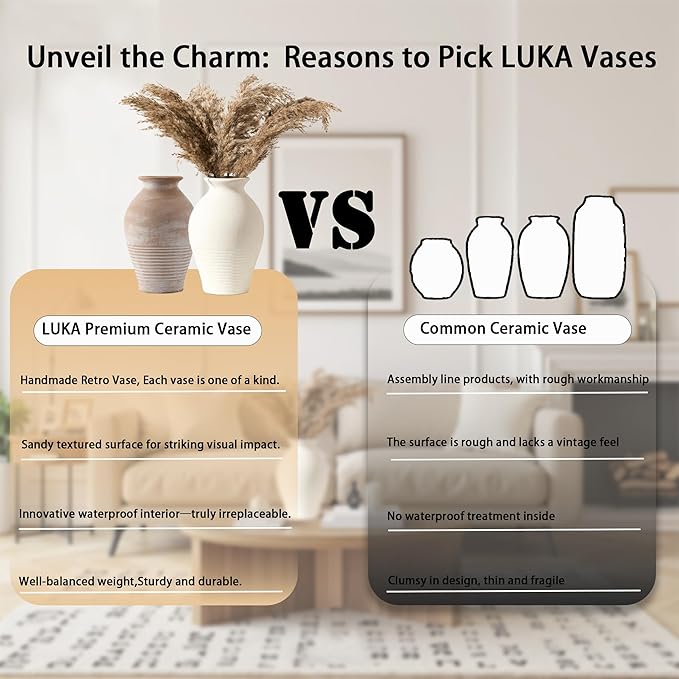 LUKA Ceramic Rustic Farmhouse Vase, 9.2 inch Whitewashed Terracotta Vase, Pottery Decorative Flower Vases,Clay Decorative Vases for Home Decor, Table, Living Room, Shelf, Mantel Decoration