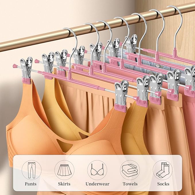 Pants Hangers with Clips 20 Pack Adjustable Skirt Hangers for Women Non-Slip Trousers Hanger for Jeans Clothes Hangers for Pants Heavy Duty Space Saving Shorts Hangers,Pink,12Inch