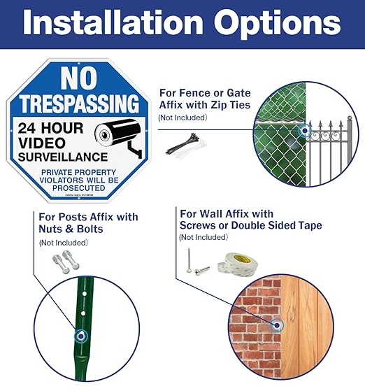 4-Pack No Trespassing Sign Private Property Protected By Video Surveillance Violators Will Be Prosecuted Sign, 10 x 10 Inch Reflective Aluminum, UV Protected, Weather/Fade Resistant, Easy to Install