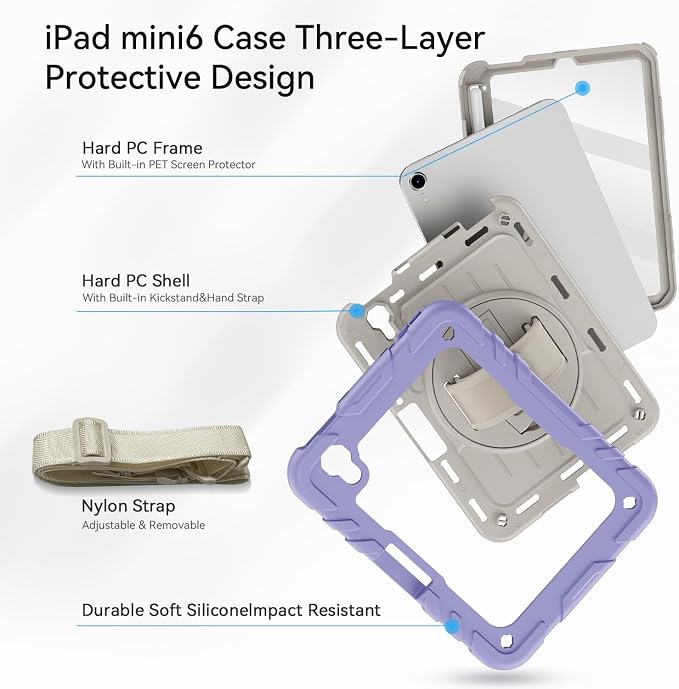 for iPad mini 7 A17 Pro/iPad mini 6 8.3 Inch Case iPad mini 7th/6th Generation Case (2024/2021) with Pencil Holder/Kickstand Hand Strap/Shoulder Strap Black