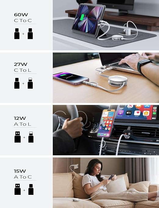 LISEN 5 in 1 Retractable Cord 60W Multi Charging Cable for Multiple Devices | USB-C/A/L Ports Retractable Chargers for iPhone 17/16/15/14/13/12/11 Pro/Max Galaxy S25/S24/S23 iPad Pro/Air