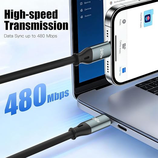 240W Coiled USB-C to USB-C Cable CarPlay &amp Android Auto Car Data Cord | Black 6.2FT retractable cable 240W fast charge works with iPhone 15-17 Galaxy Pixel 8/9 for CarPlay &amp Android Auto