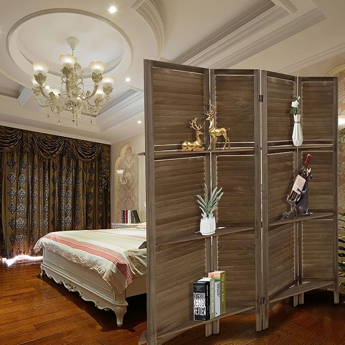 4 Panel Room Divider with Shelves, Room Dividers and Folding Privacy Screens, Folding Room Dividers 4 Panel, Wood Room Divider with 3 Display Shelves for Home Office (Brown)