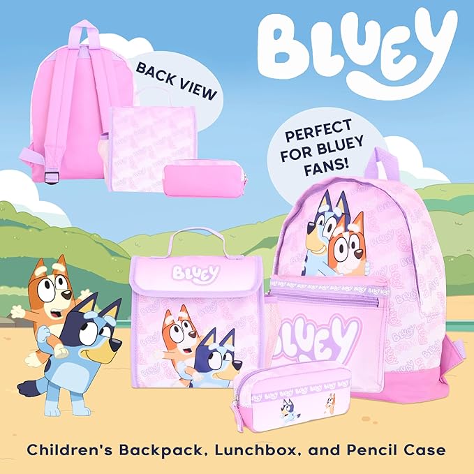 Bluey Backpack Set for Girls – 3 Piece Childrens and Toddlers Kids School Bag with Lunch Box and Pencil Case