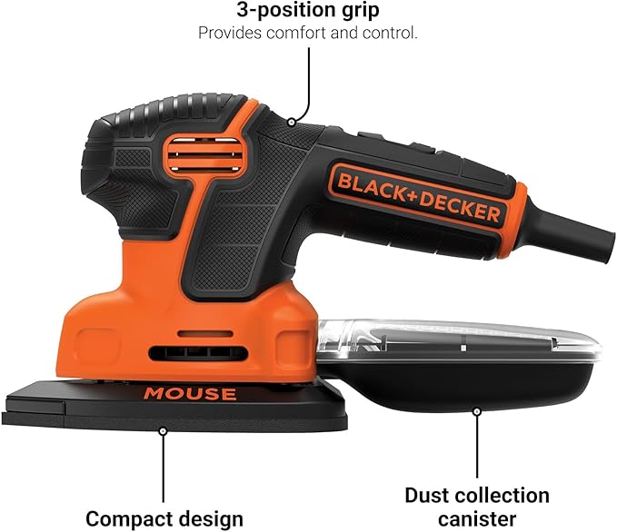 BLACK+DECKER Detail Sander, 1.2 Amp, 16,000 OPM, Compact Design, 3-Position Grip for Comfort, Includes Dust Collector, Corded (BDEMS600)