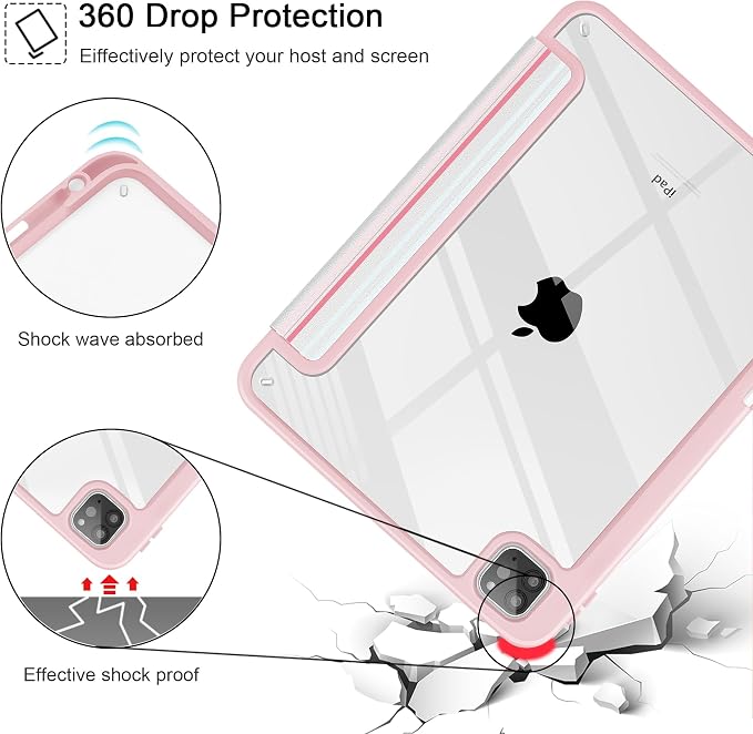 Case for iPad 12.9 Inch (6th/5th/4th/3rd Generation 2022/2021/2020/2018) Pencel Holder + Trifold Support Auto Sleep/Wake Transparent Shockproof Back Cover Abstract Floral SD163
