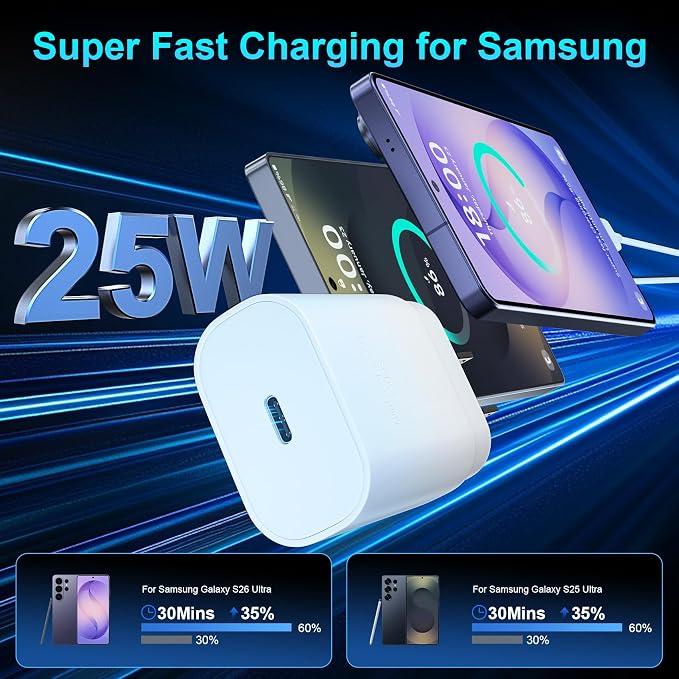Super Fast Charger Type C 25W USB C Wall Charger Fast Charging for Samsung Galaxy S26 Ultra/S26/S26+/S25 Ultra/S25/24 Ultra/S24/S23 Ultra/S22 Ultra with 10FT Long Android Type C Charger Cable 2Pack