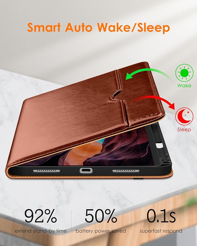 DTTO for iPad (A16) 11th Generation 11-inch &amp 10th Gen Case Brown | Premium Leather Business Cover with Pencil Holder Hand Strap &amp Pocket Corner Protection Auto Sleep/Wake for Work &amp