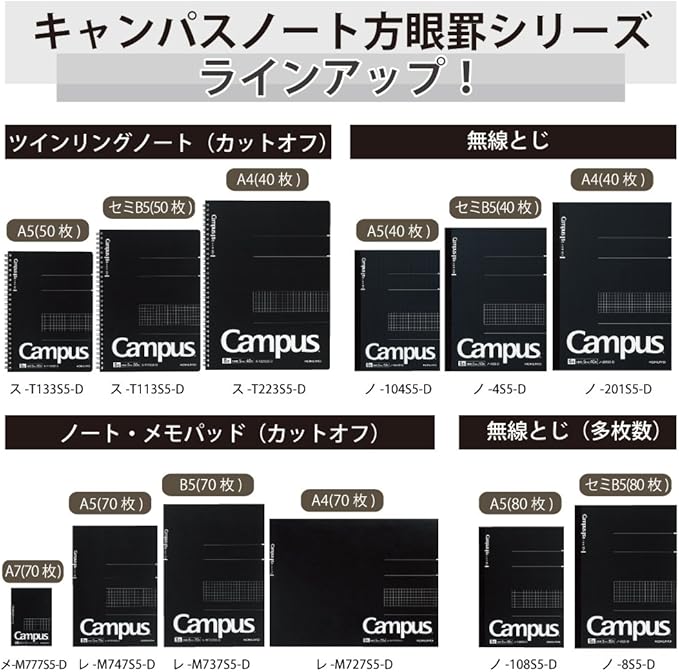 KOKUYO Composition Notepad, 1 Pack Campus A5 Comp Graph Note Pad with 5mm Grid, 40 Sheets, 5 x 5 School Square Notepad in Black, Journal Note Pad for Women Work Study Note Taking. (RE-M747S5-D)