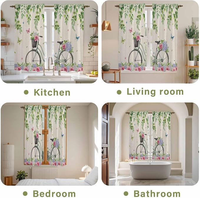 Farmhouse Spring Kitchen Curtains, Retro Bicycles Flowers Vines Butterfly Light