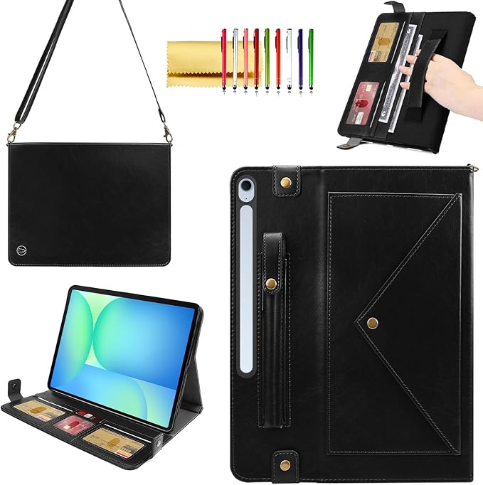 Handbag Case for Samsung Galaxy Tab S10 FE/S9 FE 10.9/S9/S8/S7 11 Techcircle Folio Stand Crossbody Wallet Protective Cover with S Pen Holder &amp Card Slots Hand Strap &amp Shoulder Strap Black
