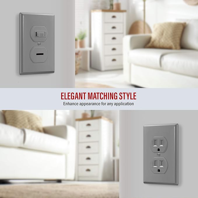 ENERLITES Duplex Wall Plates Kit, Home Electrical Outlet Cover, 1-Gang Standard Size, Unbreakable Polycarbonate Material, 8821-GY-10PCS, Gray, 10 Pack, Grey, 10 Count
