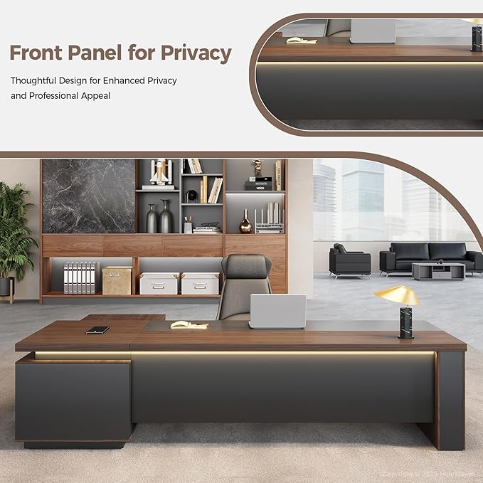L-Shaped Executive Desk with LED Lights, Lockable Storage & 3-in-1 Charging Station, Reversible Cabinet, Modern Wood Office Desk for CEO, Manager & Home Office(Red Walnut+Black, 95"L*71"W*30"H)