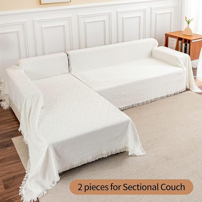 Deep Dream Sofa Cover, Sectional Couch Covers, Couch Covers for 3 Cushion Couch, Couch Cover for Dogs, Geometrical Jacquard Fabric Sofa Cover (XX-Large, 91" x 134", White)