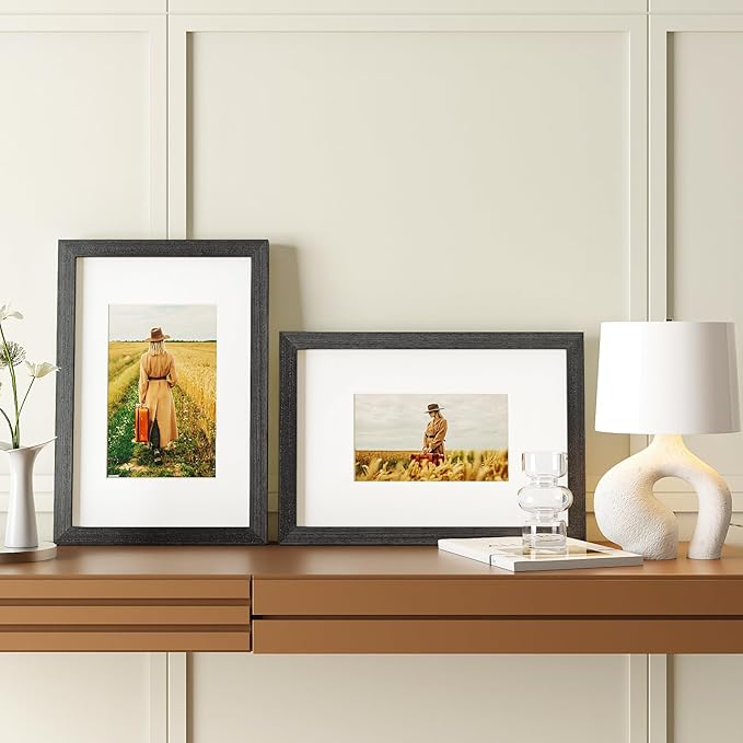 Egofine 8x12 Picture Frame Made of Solid Wood with Plexiglass, Display Pictures 5x7/6x8 with Mat or 8x12 Without Mat for Tabletop and Wall Mounting, Rustic Black