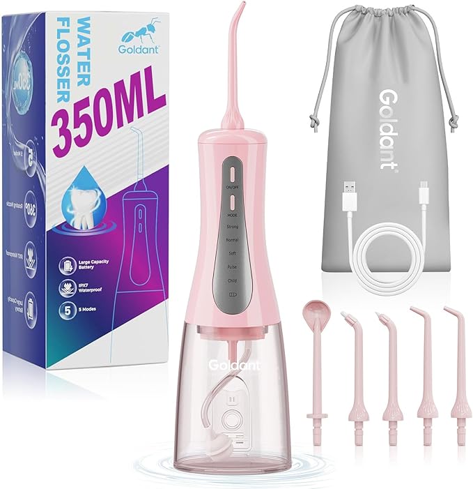 GOLDANT 350ML Water Dental Flosser Teeth Pick with Travel Bag, 5 Modes Portable Cordless Oral Irrigator Cleaner, Electric Rechargeable IPX7 Waterproof for Home Travel Teeth Cleaning flossing (Pink)