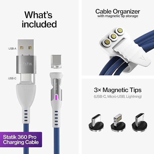 Statik 360 Pro Magnetic Charging Cable - Type C Charger Fast Charging 3 in 1 USB C to USB C Cable Micro USB &amp iProduct Tips USB A Adapter Fits All Devices - 100W Fast Charger Black 10FT/3M