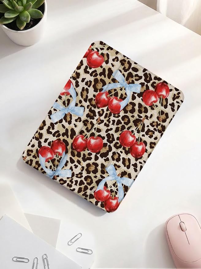 Case for iPad 9th/ 8th/ 7th Generation Case 10.2&amp10.5 Inch (2021/2020/2019 Release) Slim Lightweight Soft Trifold Back Cover with Pencil Holder &amp Auto Sleep/Wake Cover Cherries Cheetah Bows