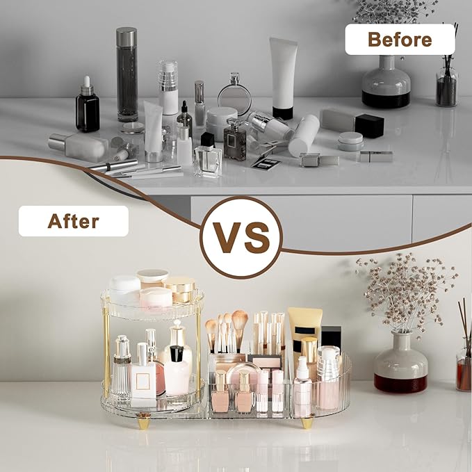Makeup Organizer Countertop for Vanity, Rotating Perfume Tray with 5-compartment Cosmetic and Skincare Organizers, Multi-Purpose Desk Storage Makeup Brush Holder for Bathroom Bedroom Counter