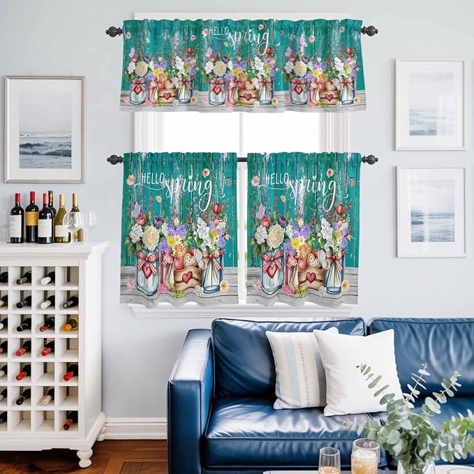 Kitchen Curtains Tiers and Valance Set of 3, Spring Flowers Light Filtering