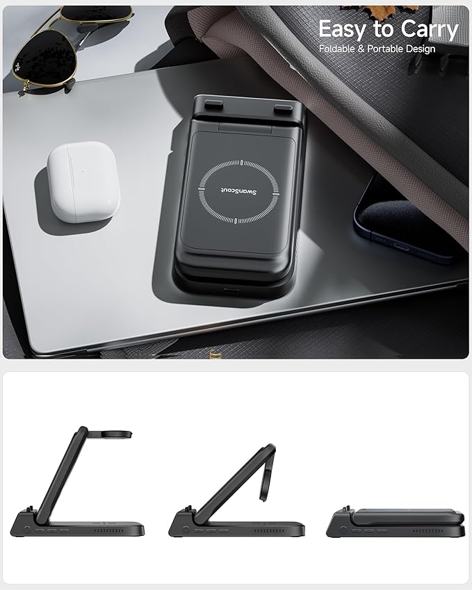 Charging Station for iPhone, SwanScout 703A, Wireless Charger for iPhone 16/15/14/13/12/11 Series, for Apple Watch 10/Ultra 2/9/8/7/6/5/SE 2, for Airpods Pro 2/4, Travel Foldable and Portable