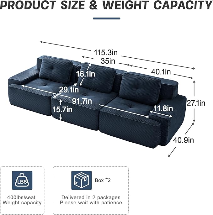 115.3'' Sectional Sofa, 32D Foam Corduroy Boneless Couch with Pillow, Deep Seat Wide Arm Sectional Couch for Apartment, Living Room, Bedroom