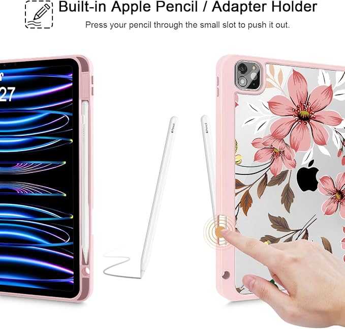 Mektron Case for iPad Pro 11 inch Case M2 2022 Generation 4th Fit 2021 2020 2018 iPad Pro 11 (3rd 2nd &amp 1st Gen) -Buit in Pencil Holder with Shockproof Cover Clear Shell Blue Bows &amp Flower