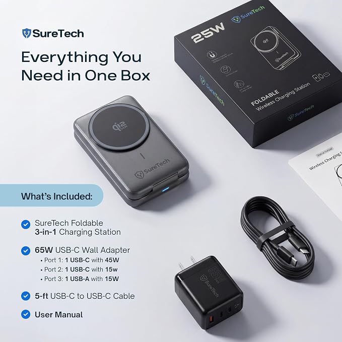 Qi2.2 Certified 3-in-1 Foldable Wireless Charging Station for Apple Devices with 65W Adapter 25W Fast Charging Dock Portable Magnetic Charger for iPhone 17-13 Apple Watch Series &amp AirPods