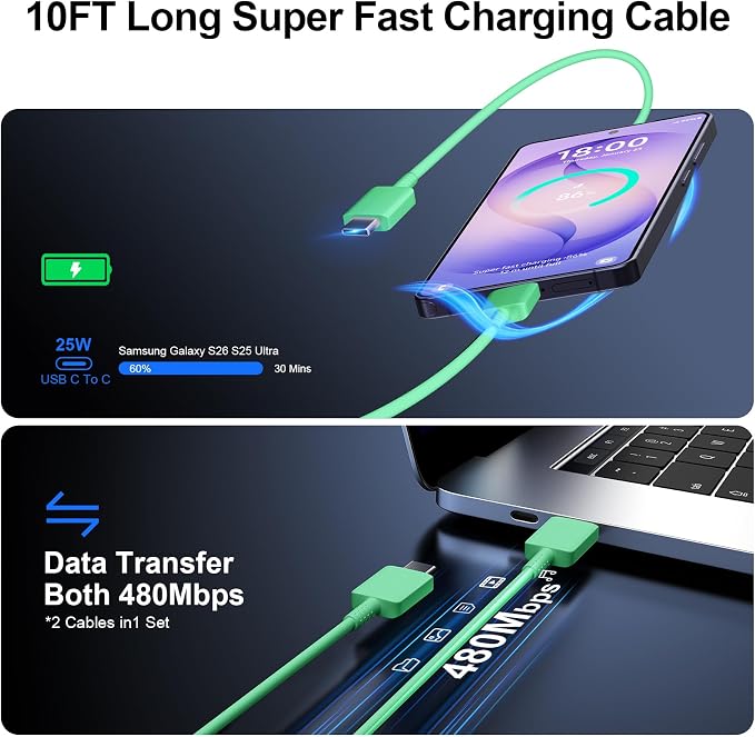 Super Fast Charger Type C 25W USB C Wall Charger Fast Charging for Samsung Galaxy S26 Ultra/S26/S26+/S25 Ultra/S25/24 Ultra/S24/S23 Ultra/S22 Ultra with 10FT Long Android Type C Charger Cable 2Pack