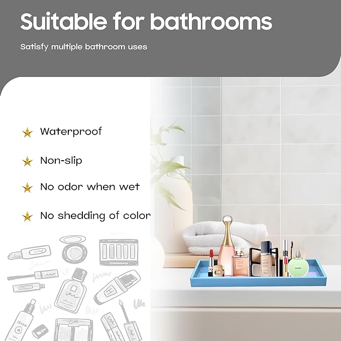 Vanity and Bathroom Tray, 15" ABS Countertop Organizer,Waterproof Vanity Tray for Toilet Tank,Perfume,Soap,Keys,Bathroom Accessories,Kitchen and Bath Trays,Non Slip Small Trays,Blue,2 Pack