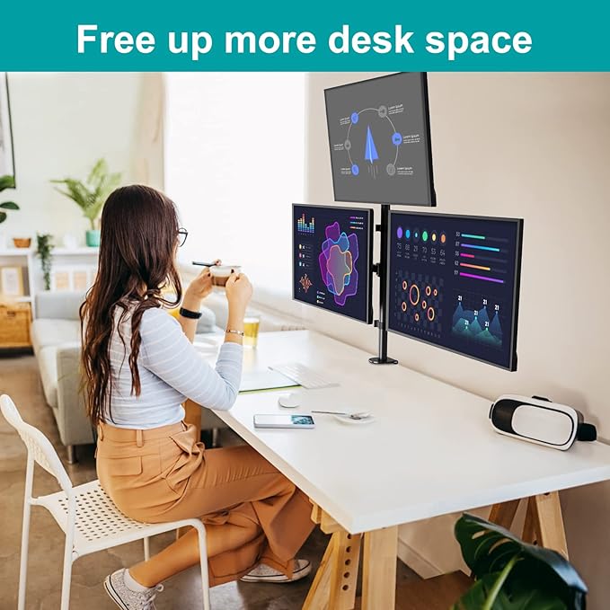 MOUNT PRO Triple Monitor Mount, Monitor Desk Mount for 3 Screens up to 32 inch, 17.6 lbs Each, Fully Adjustable Stacked Computer Stand, Table VESA Mounting, C clamp/Grommet Base