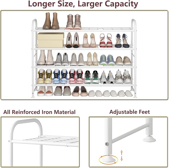 LINZINAR Shoe Rack Long 4 Tier Shoe Storage Organizer Metal Wide Shoe Shelf for Closet Entryway Bedroom 30 Paris Large Capacity, White