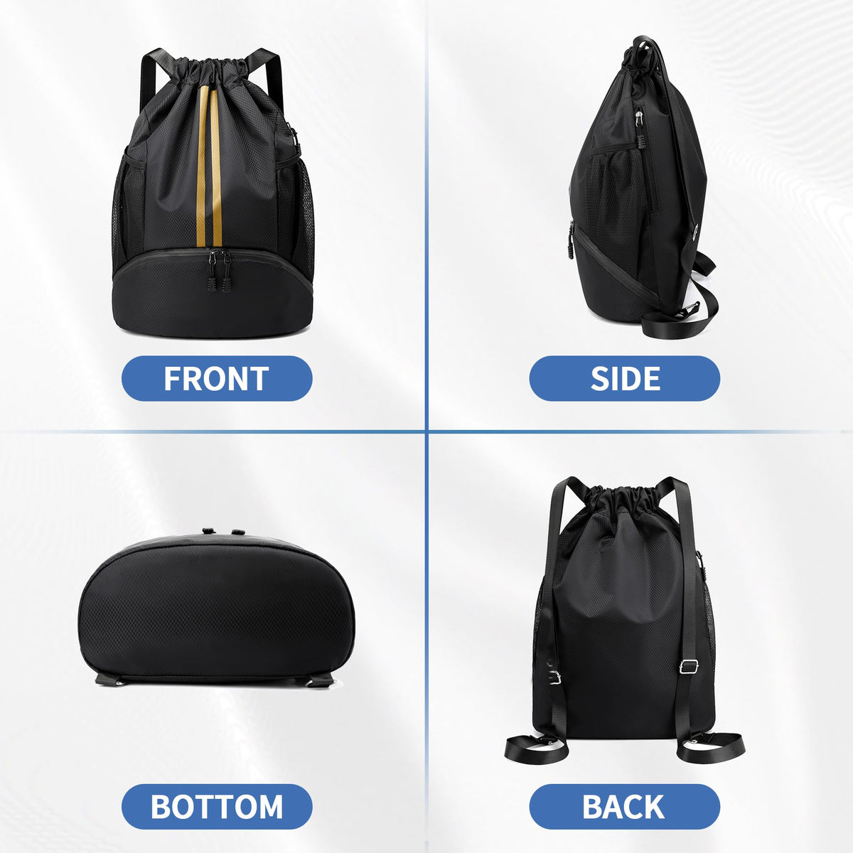 JELUTAR Drawstring Backpack Gym Bag with Shoes Pocket, Black Gold